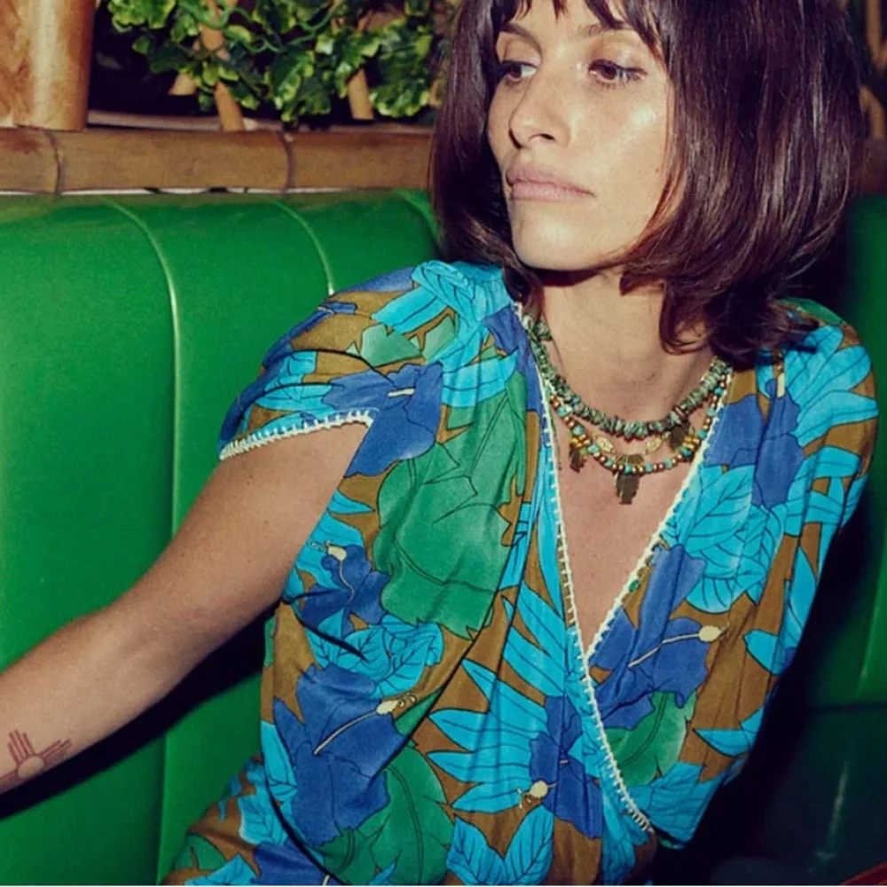 Chasing Unicorns Blue Green Floral Asymmetrical Dress with Tiger Motif
